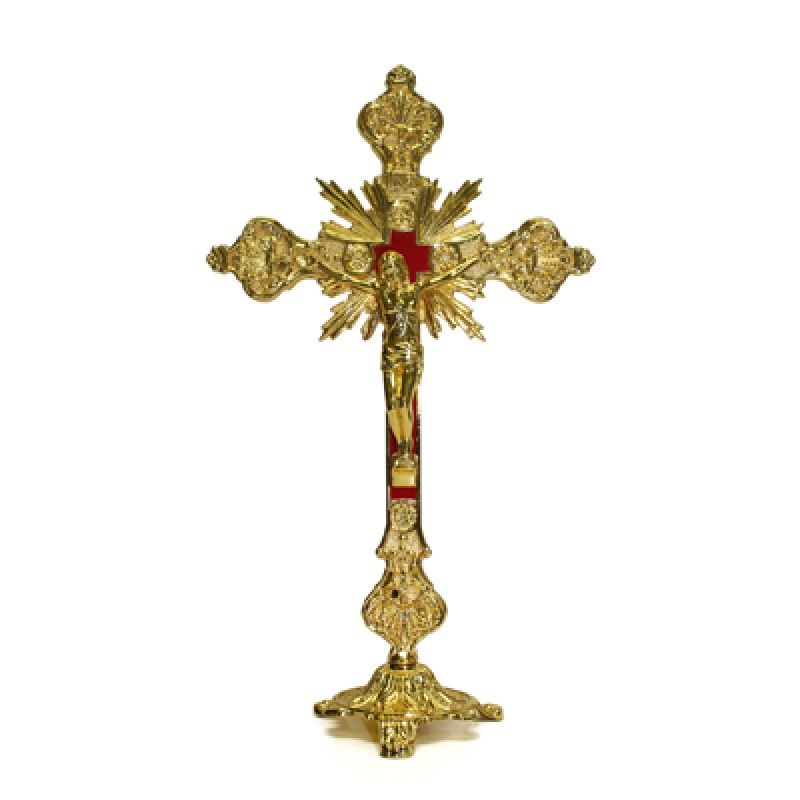 Crucifix standing: gold/red inlay w/base (2 pcs) 9"