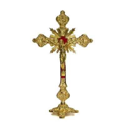 Crucifix standing: gold/red inlay w/base (2 pcs) 9"