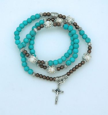 St Benedict Medal + Crucifix Turquoise Elastic Rosary Wrap Bracelet from Fatima