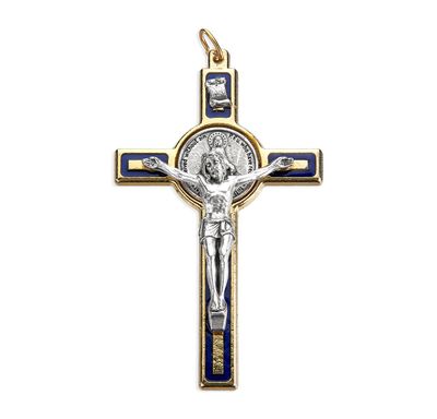 Crucifix 3" with antique silver Corpus &amp; Miraculous Medal + gold tone/blue epoxy (Boxed)