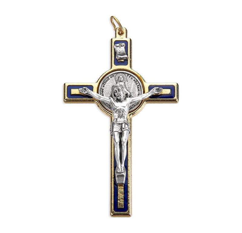 Crucifix 3" with antique silver Corpus &amp; Miraculous Medal + gold tone/blue epoxy (Boxed)