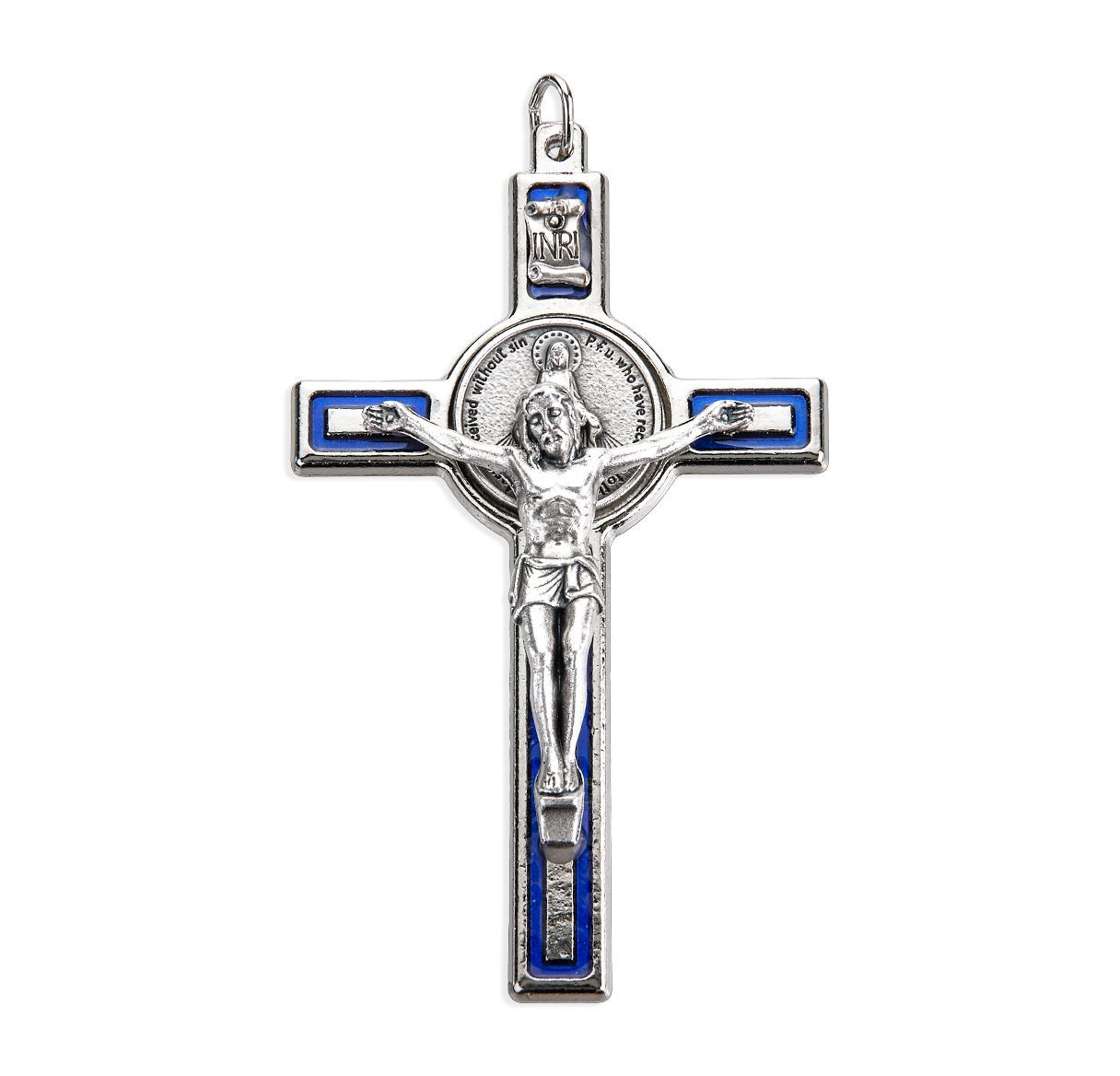 Crucifix 3" Miraculous Medal with antique Silver Corpus + blue epoxy (Boxed)