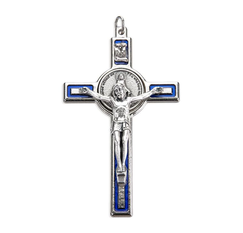 Crucifix 3" Miraculous Medal with antique Silver Corpus + blue epoxy (Boxed)