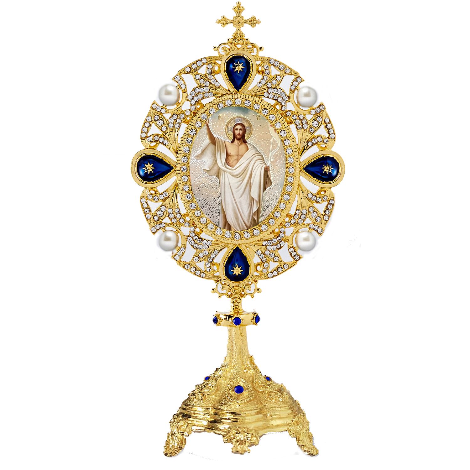 Resurrection of Christ - Monstrance - Reliquary Style Icon Shrine With Cross 7 Inch