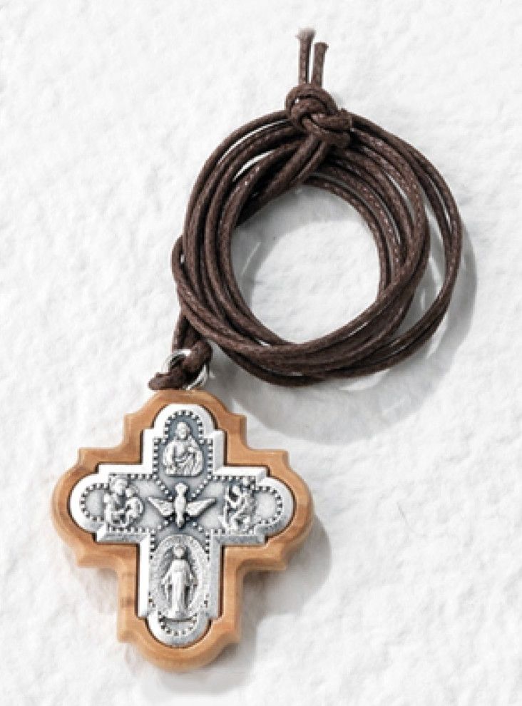 4-way Cross/Crucifix, wood/silver inlay on brown cord