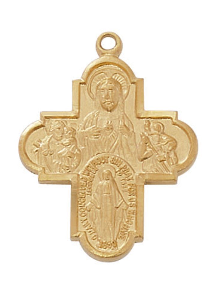 4-Way Cross pendant, gold over sterling silver, 18" rhodium chain
