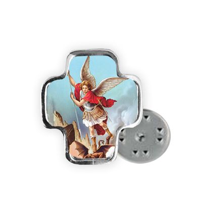 St Michael Cross-shaped Lapel Pin, silver-tone 3/4"