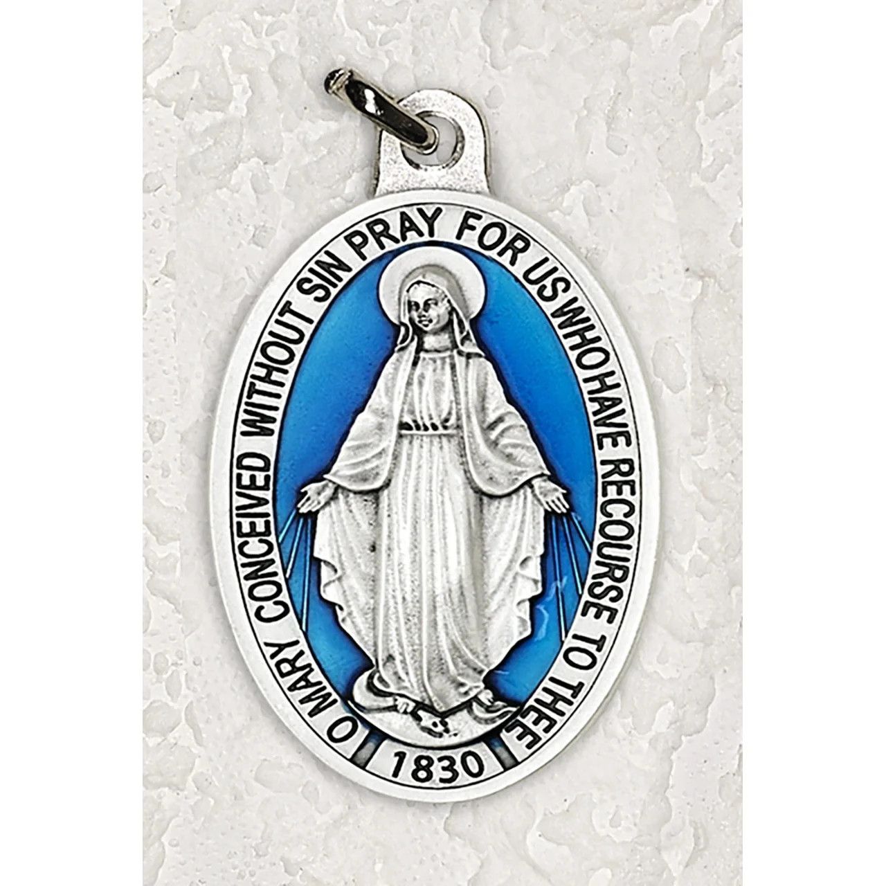 Miraculous Medal blue enamel + silver-tone 1.5"