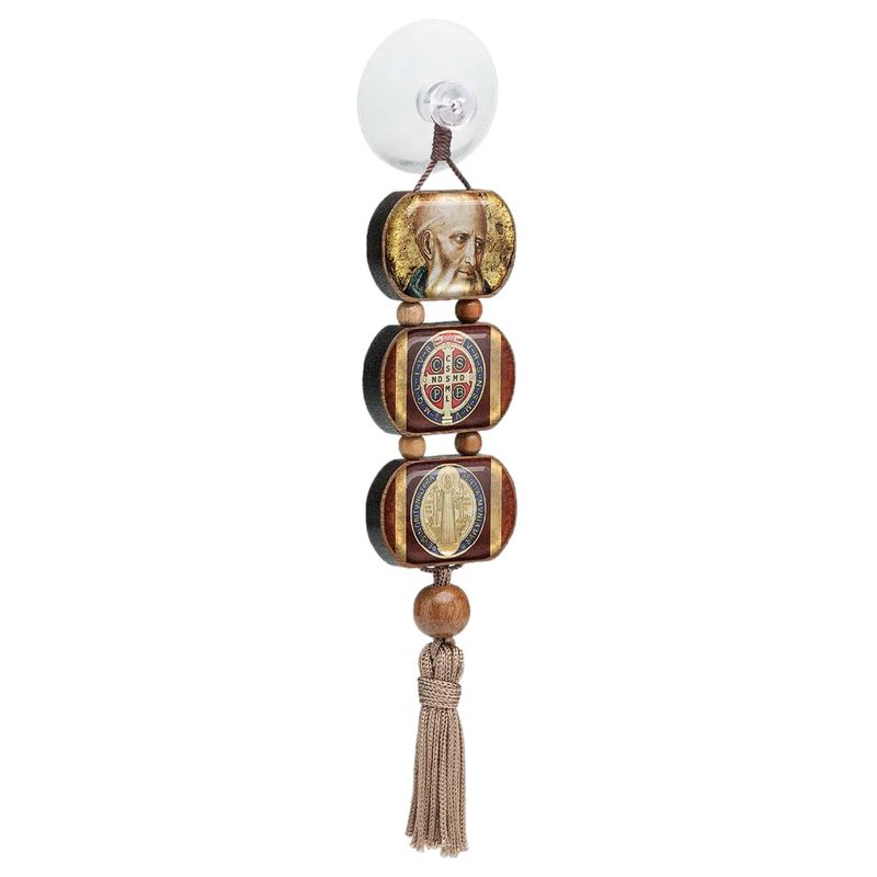 Auto/car ornament- St Benedict wood brown w/tassel &amp; suction cup