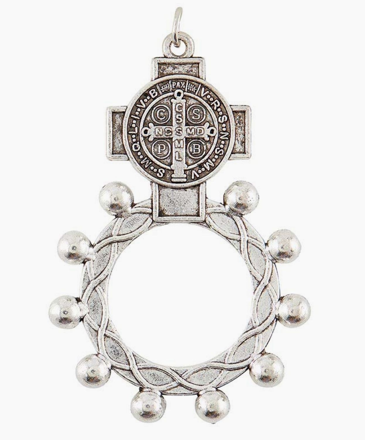 Rosary Ring - St Benedict 1.75" antique silver plate