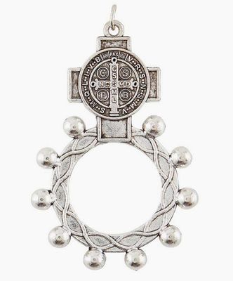 Rosary Ring - St Benedict 1.75" antique silver plate