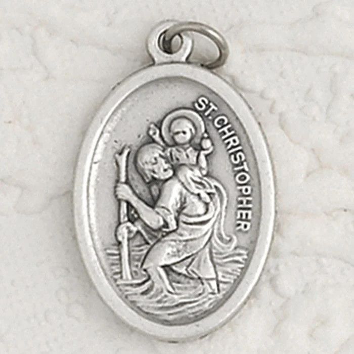 Saint Christopher Silver Tone Oxidized Medal