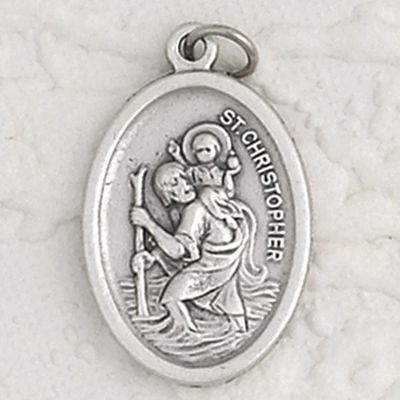 Saint Christopher Silver Tone Oxidized Medal
