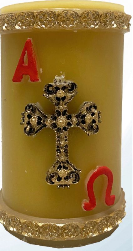 Beeswax Cirio Candle- Alpha &amp; Omega + Crucifix 6.5" x 4"