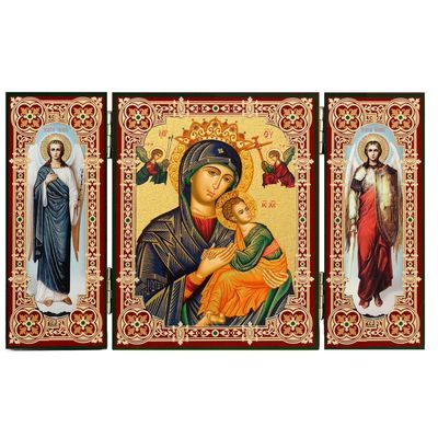 Our Lady of Perpetual Help  + Archangels Michael &amp; Gabriel Small Triptych Icon 5.5" x 3.25"