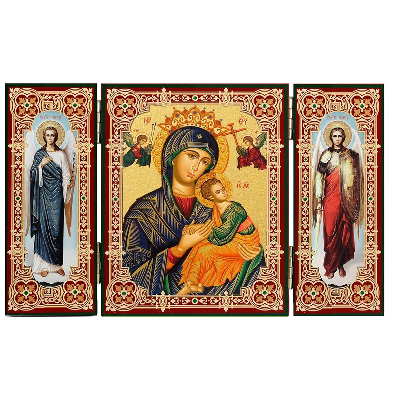Our Lady of Perpetual Help  + Archangels Michael &amp; Gabriel Small Triptych Icon 5.5" x 3.25"