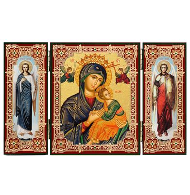 Perpetual Help Icon Triptych with Archangels Michael + Gabriel - Gold Foil - Wood 5 1/16 Inch