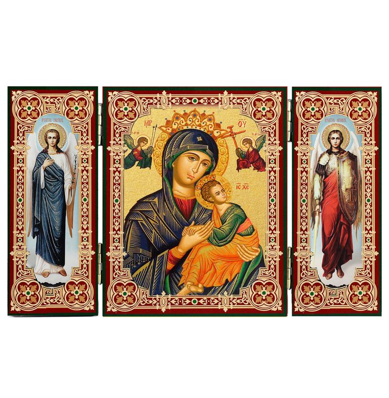 Perpetual Help Icon Triptych with Archangels Michael + Gabriel - Gold Foil - Wood 5 1/16 Inch