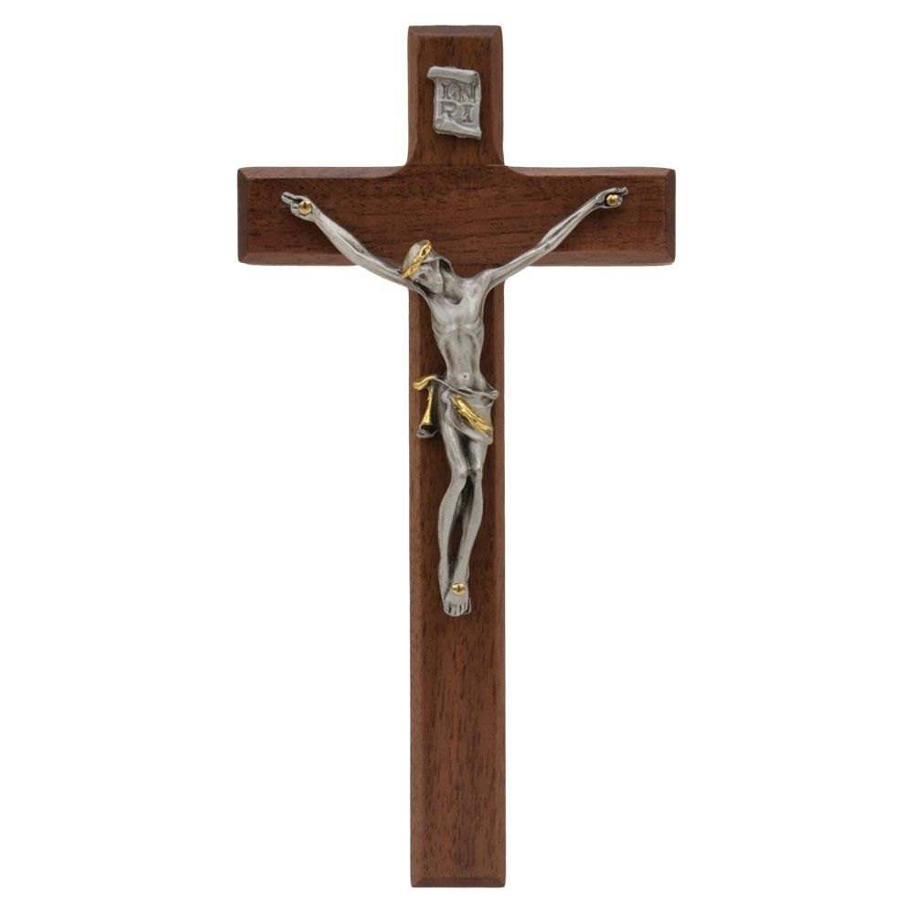 Crucifix walnut w/pewter &amp; gold-trim Corpus 7"