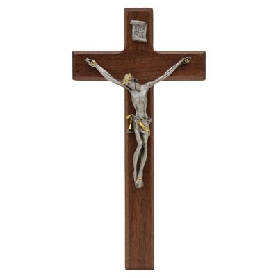 Crucifix walnut w/pewter &amp; gold-trim Corpus 7"