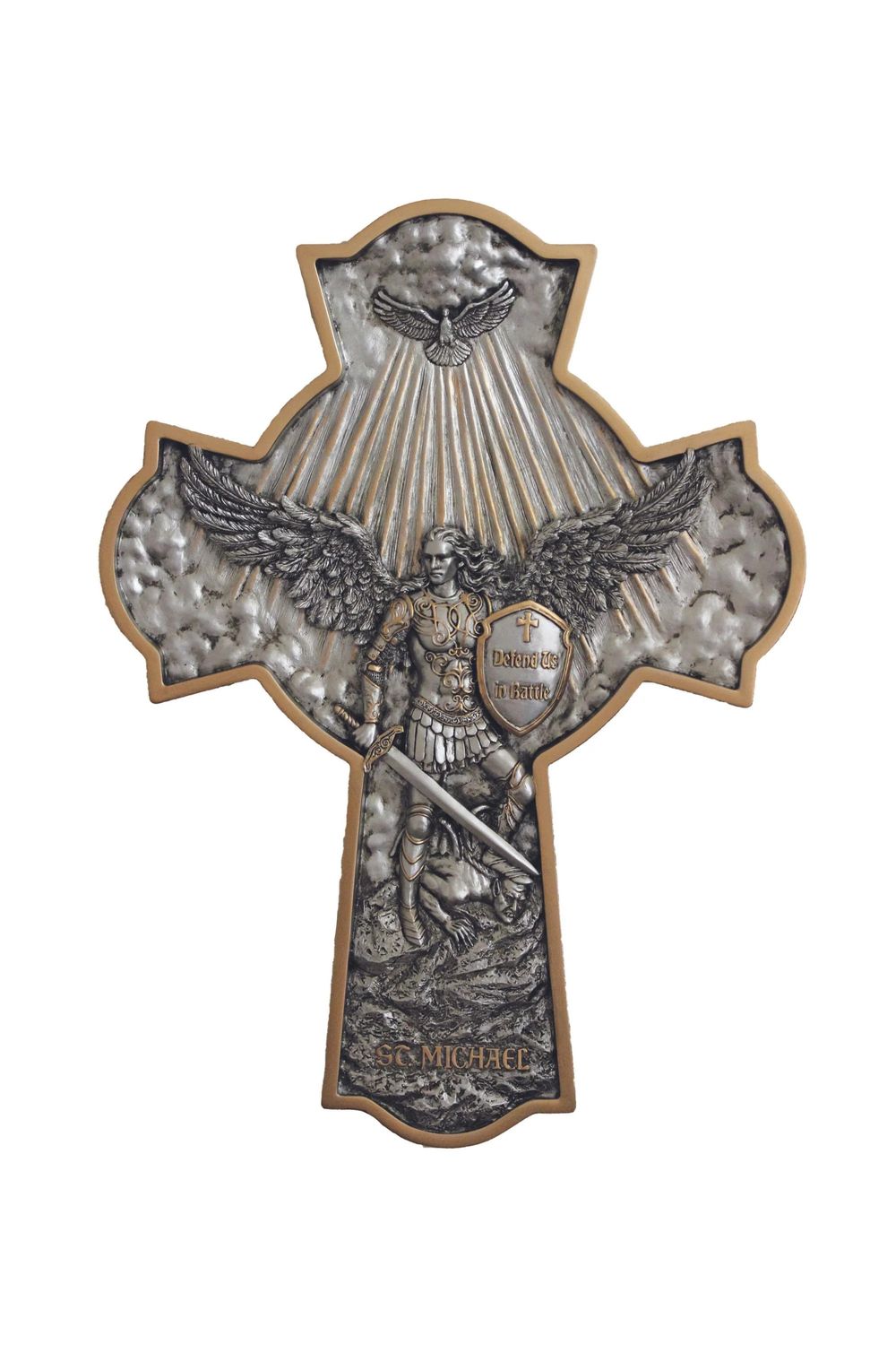 St Michael Cross/Plaque in hand-painted pewter style finish with gold trim 16" x 11.5"