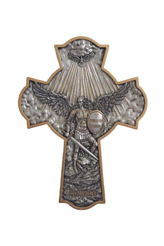 St Michael Cross/Plaque in hand-painted pewter style finish with gold trim 16" x 11.5"