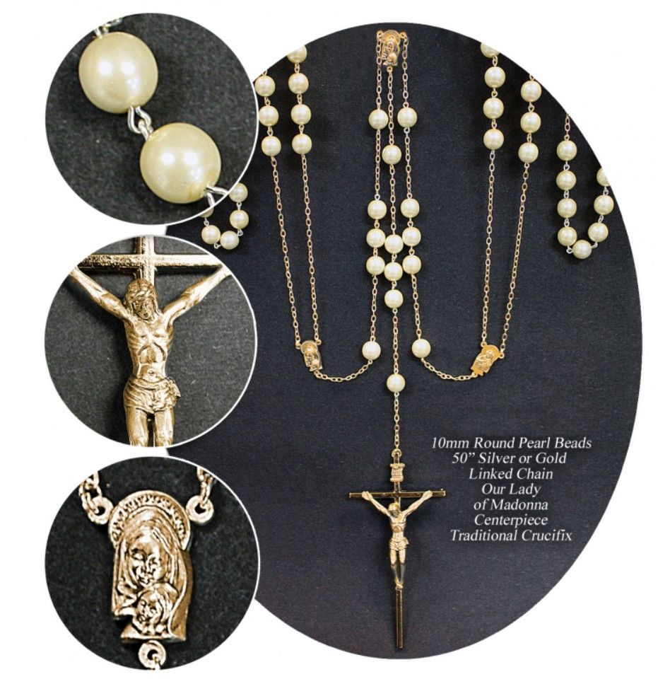 Wedding Rosary Lasso: gold/pearl white 10mm, deluxe box