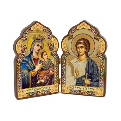 Gold Foil Diptych Icon - Our Lady of Perpetual Help/Guardian Angel 4" dome-shaped
