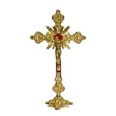 Crucifix standing: gold/red inlay w/base (2 pcs) 12"
