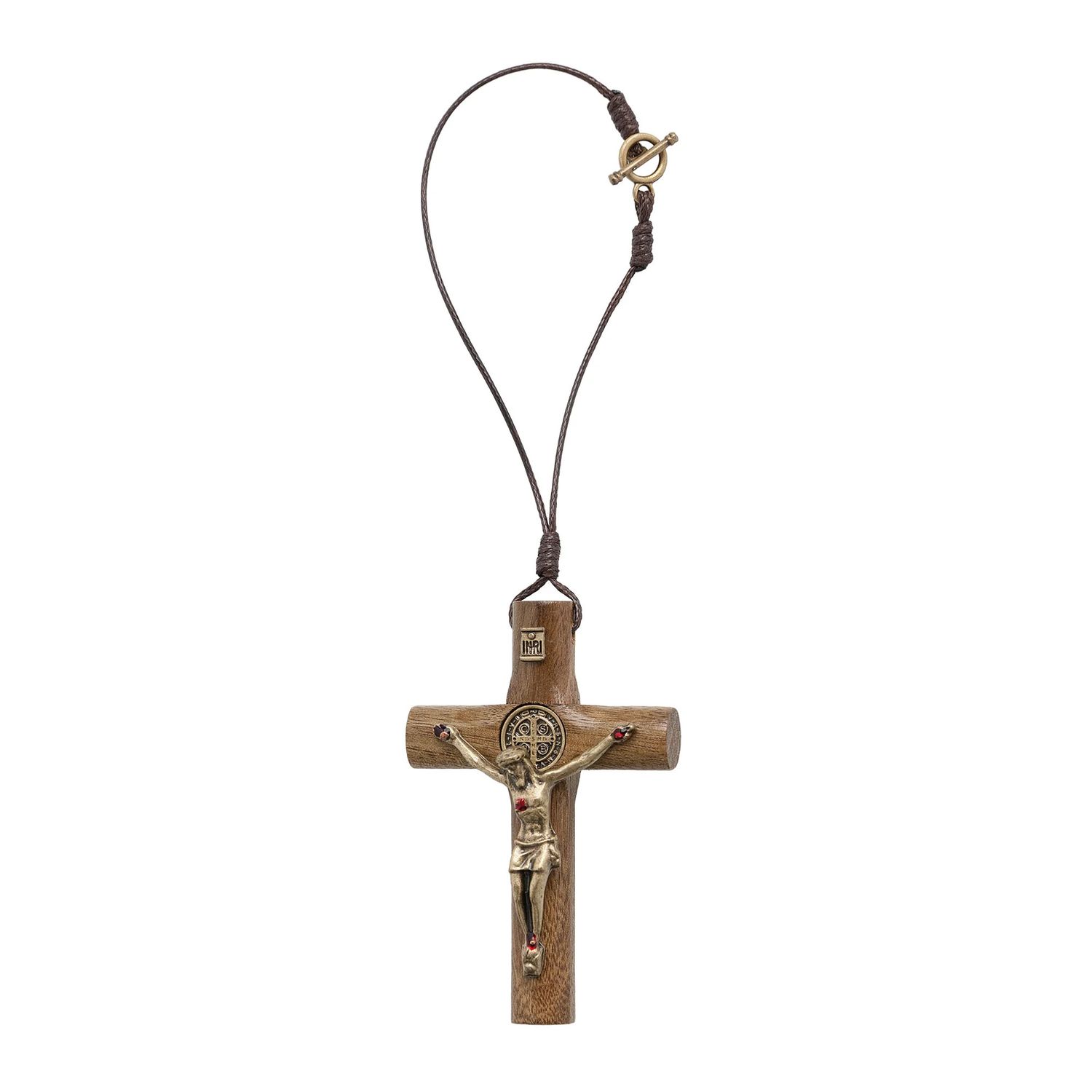 Auto Ornament Crucifix St Benedict wood w/ antique gold corpus