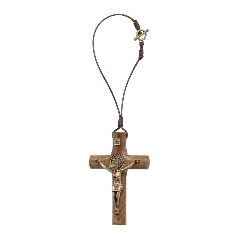 Auto Ornament Crucifix St Benedict wood w/ antique gold corpus