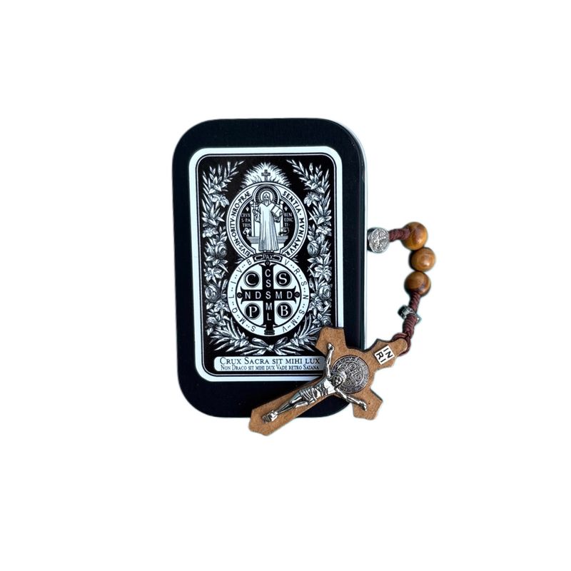 St Benedict Wood Rosary + Tin