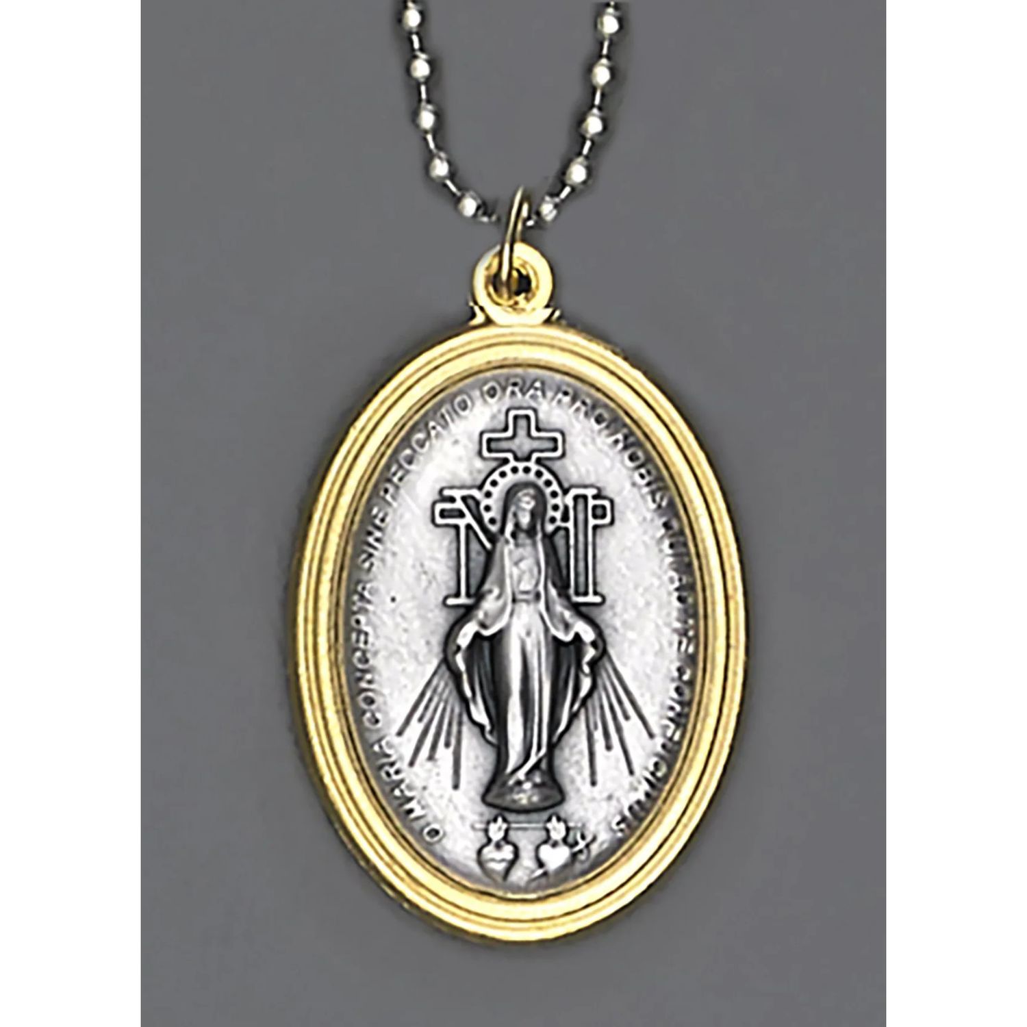 Auto Jewelry 1.5" Miraculous Medal two-tone on 8" chain for rearview mirror