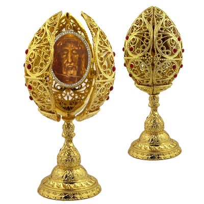 Shroud of Turin - Faberge Style Egg Triptych - Filigree With Hanging Framed Icon Inside - 6" tall
