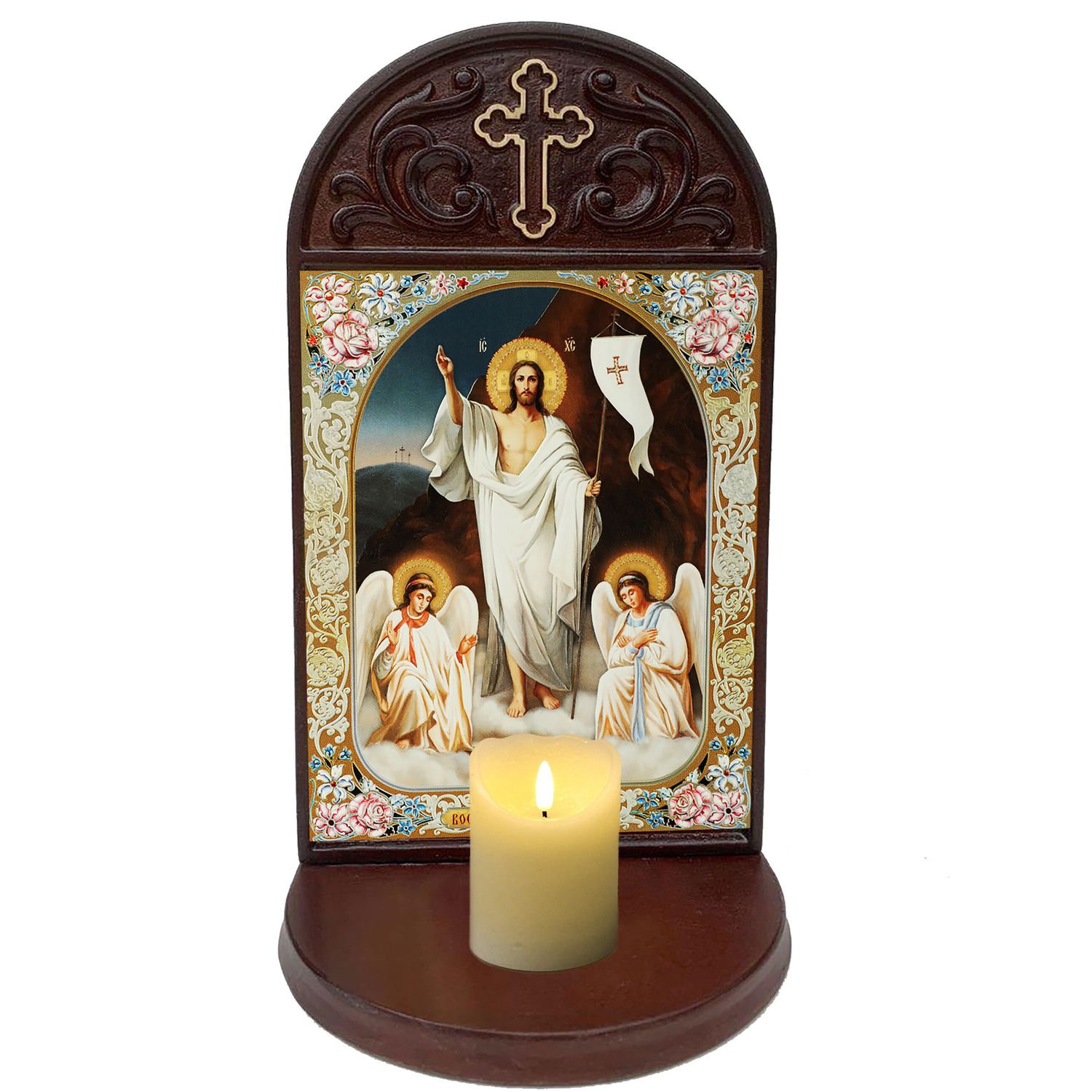 Resurrection Of Christ Icon in Wooden Shrine with 3 inch deep shelf, 8.5 inches tall