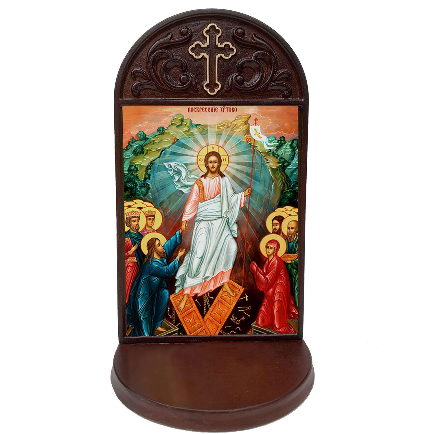 Resurrection Icon Harrowing of Hell Wooden Shrine with 3 inch deep shelf, 8 1/2 inches tall