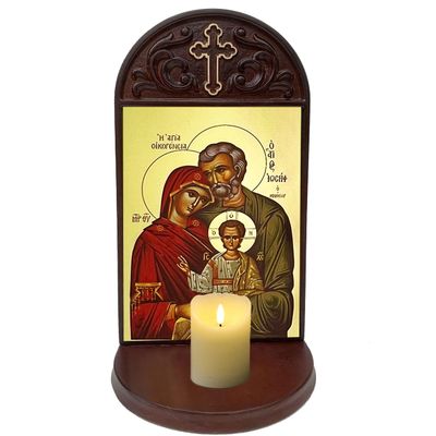 Holy Family Byzantine Icon Wooden Shrine - with 3 inch deep shelf, 8 1/2 inches tall