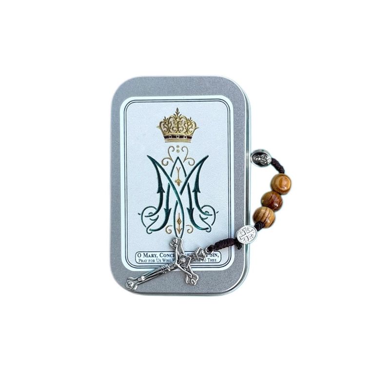 Wood Rosary in Marian Prayer Tin Case