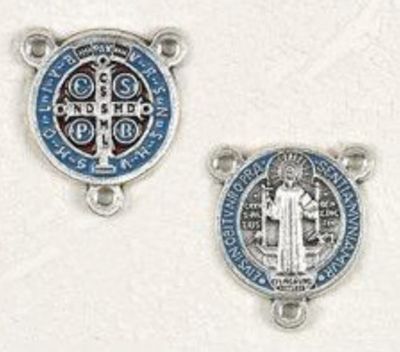 Rosary Center: St Benedict Medal light blue &amp; red enamel
