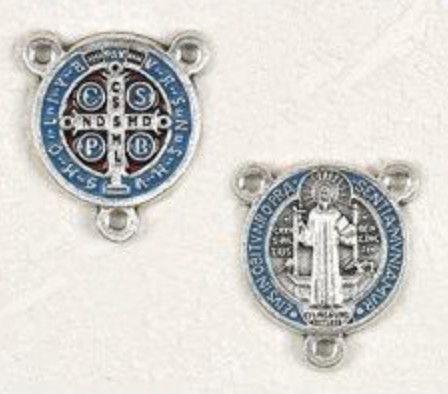 Rosary Center: St Benedict Medal light blue &amp; red enamel