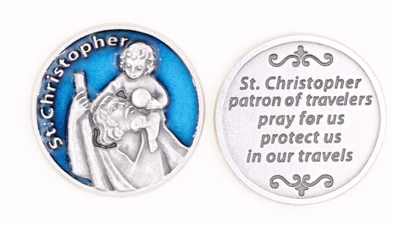 St Christopher blue enameled pocket prayer token/coin
