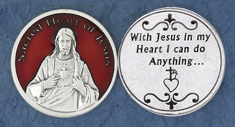 Sacred Heart of Jesus red enameled pocket prayer token/coin