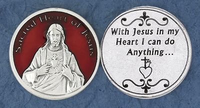 Sacred Heart of Jesus red enameled pocket prayer token/coin
