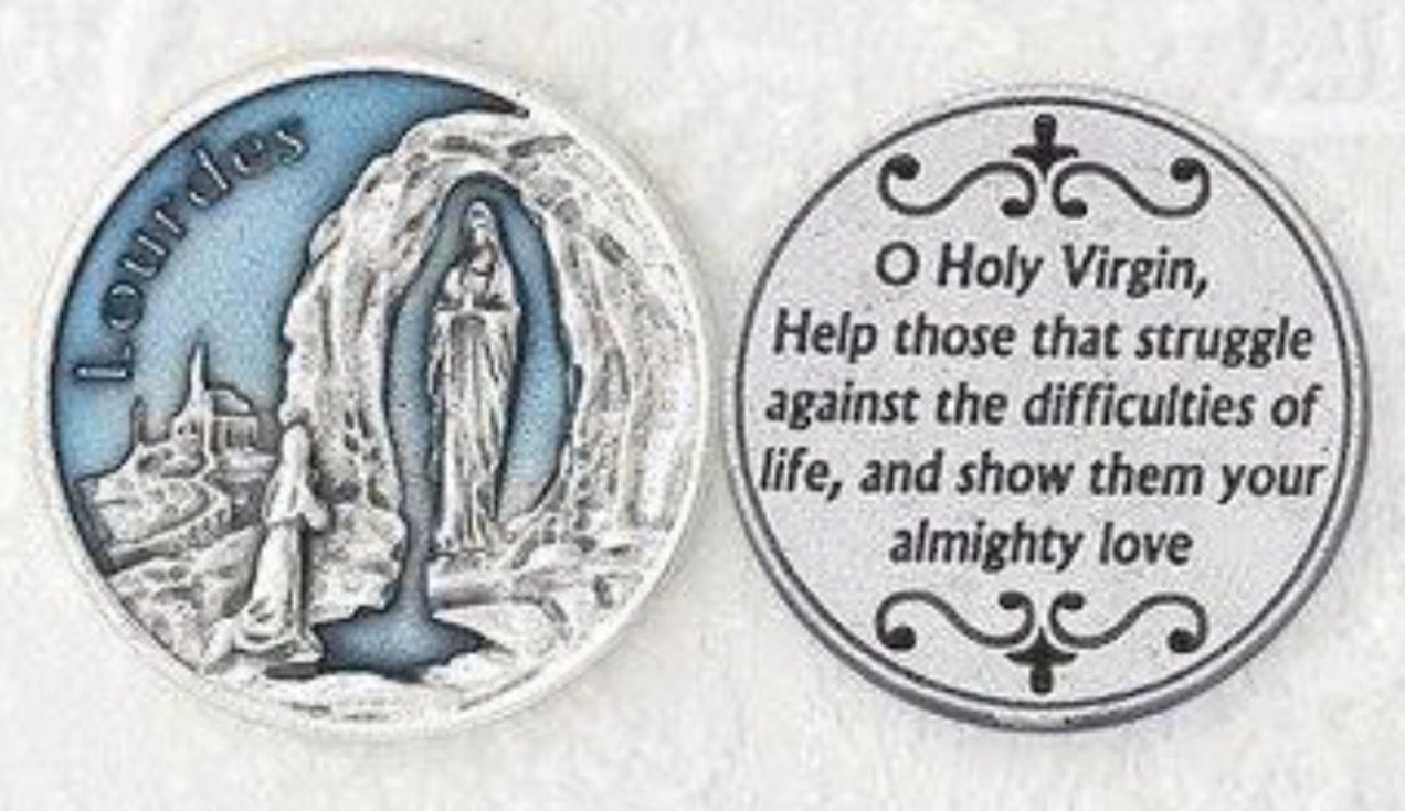 Our Lady of Lourdes blue enameled pocket prayer token/coin