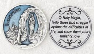 Our Lady of Lourdes blue enameled pocket prayer token/coin