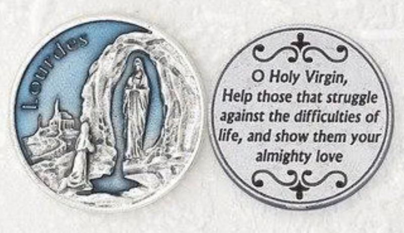 Our Lady of Lourdes blue enameled pocket prayer token/coin