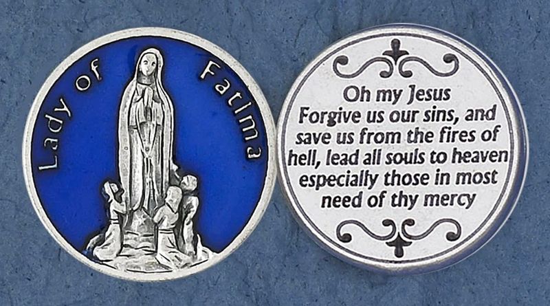 Blue Enameled Lady of Fatima pocket prayer token/coin