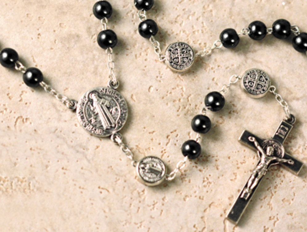 St Benedict Medal Rosary: hematite 6mm beads, 17.5" with clear case