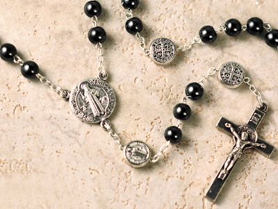 St Benedict Medal Rosary: hematite 6mm beads, 17.5" with clear case
