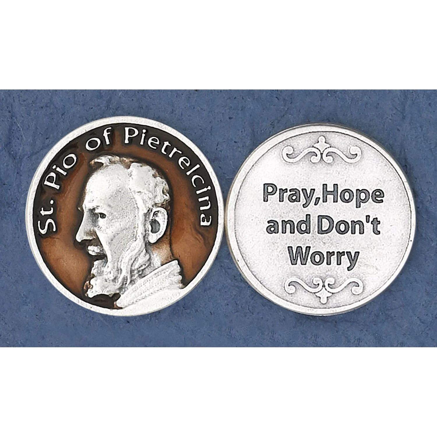 Padre Pio "Pray Hope and Don't Worry" enameled pocket prayer token/coin